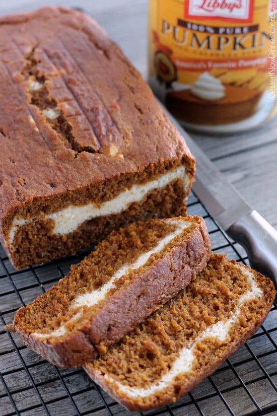 Cream Cheese Filled Pumpkin Bread from DessertNowDinnerLater.com