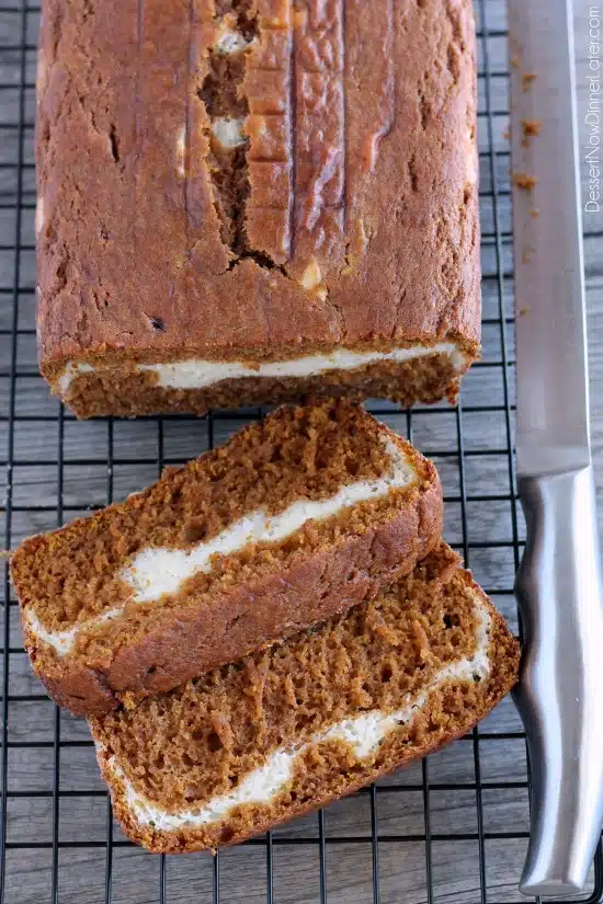 Cream Cheese Filled Pumpkin Bread from DessertNowDinnerLater.com