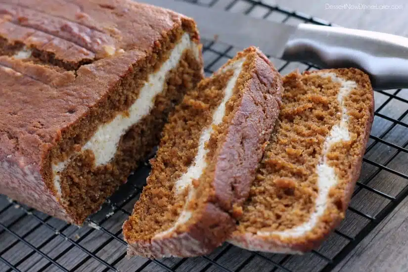 Cream Cheese Filled Pumpkin Bread from DessertNowDinnerLater.com