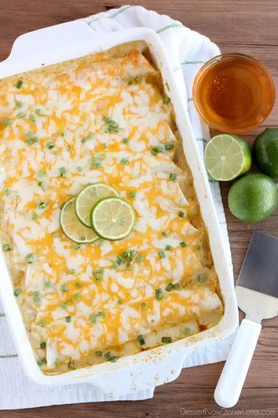 Honey Lime Chicken Enchiladas from DessertNowDinnerLater.com