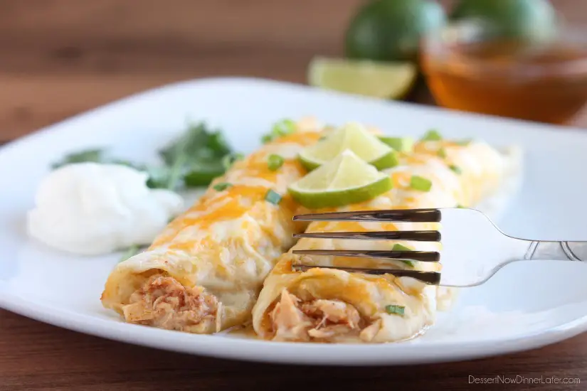 Honey Lime Chicken Enchiladas from DessertNowDinnerLater.com