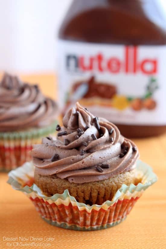 Pumpkin Cupcakes with Nutella Frosting from DessertNowDinnerLater.com
