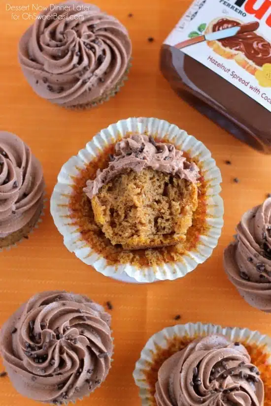  Pumpkin Cupcakes with Nutella Frosting from DessertNowDinnerLater.com