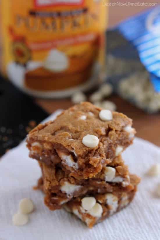 Pumpkin White Chocolate Chip Blondies from DessertNowDinnerLater.com