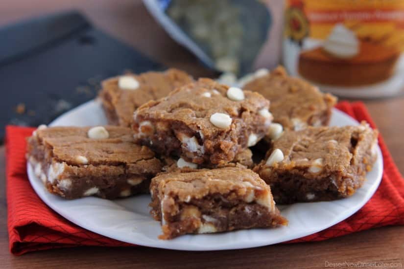 Pumpkin White Chocolate Chip Blondies from DessertNowDinnerLater.com