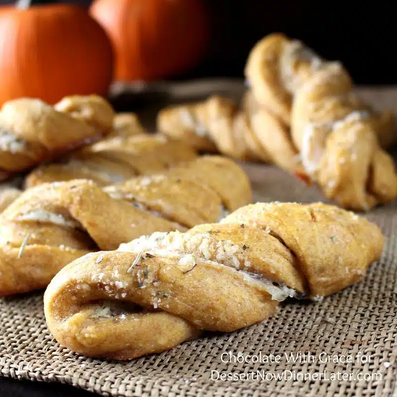 Savory Pumpkin Twists - Soft, moist yeast rolls featuring savory pumpkin flavors