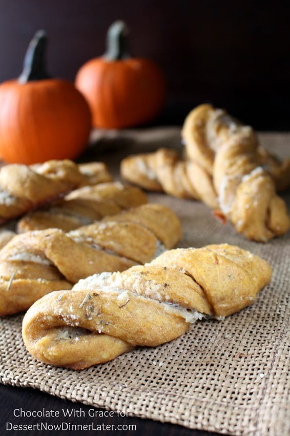 Savory Pumpkin Twists - Soft, moist yeast rolls featuring savory pumpkin flavors