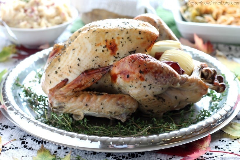 Our favorite Apple and Herb Turkey Brine with step-by-step photos on how to brine and cook a turkey to juicy perfection! From DessertNowDinnerLater.com