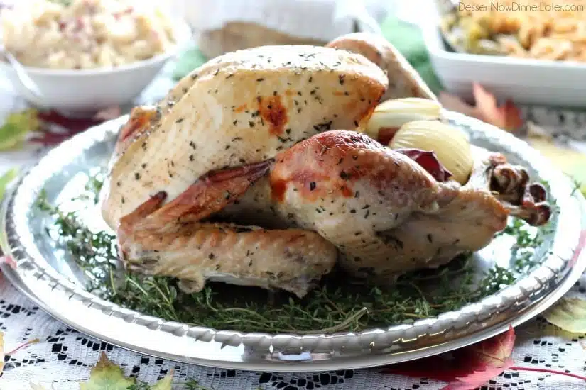 Our favorite Apple and Herb Turkey Brine with step-by-step photos on how to brine and cook a turkey to juicy perfection! From DessertNowDinnerLater.com