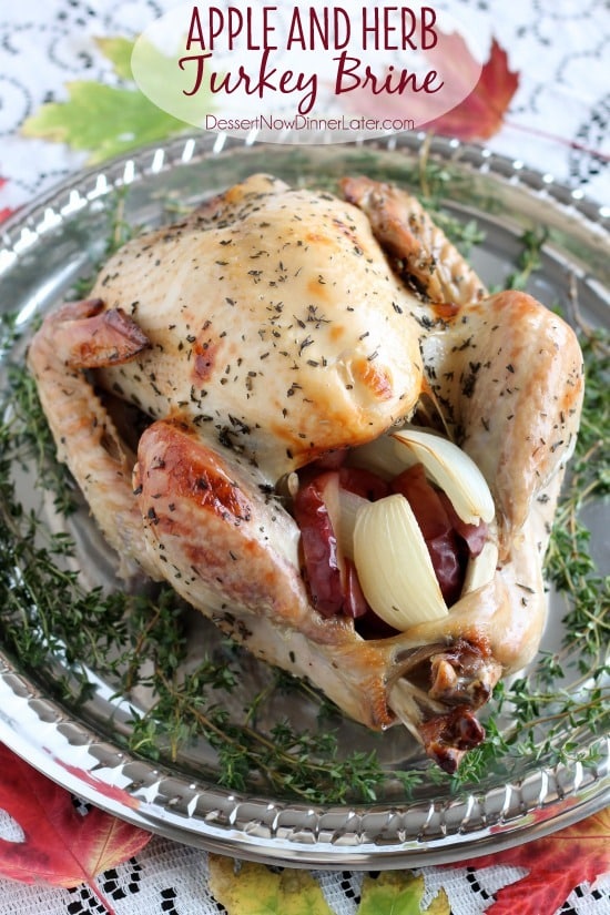 Our favorite Apple and Herb Turkey Brine with step-by-step photos on how to brine and cook a turkey to juicy perfection! From DessertNowDinnerLater.com