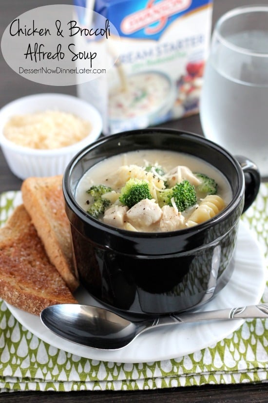 Chicken, broccoli florets, and noodles come together in this easy, creamy, garlic and parmesan alfredo broth. From DessertNowDinnerLater.com