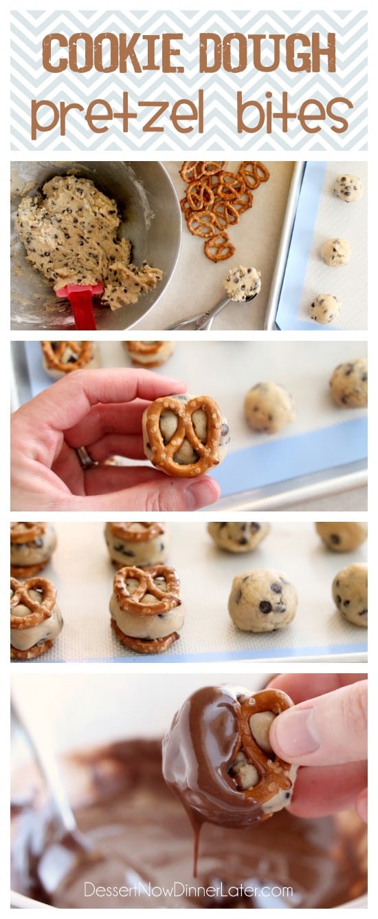 Cookie Dough Pretzel Bites - eggless chocolate chip cookie dough sandwiched between two pretzels and dipped in milk chocolate! From DessertNowDinnerLater.com