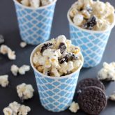 Cookies and Cream Popcorn - white chocolate and Oreos come together to flavor this air popped corn! From DessertNowDinnerLater.com