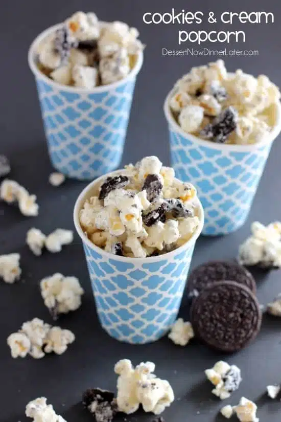 Cookies and Cream Popcorn - white chocolate and Oreos come together to flavor this air popped corn! From DessertNowDinnerLater.com