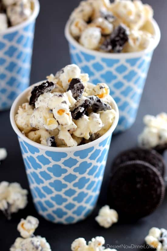 Cookies and Cream Popcorn - white chocolate and Oreos come together to flavor this air popped corn! From DessertNowDinnerLater.com