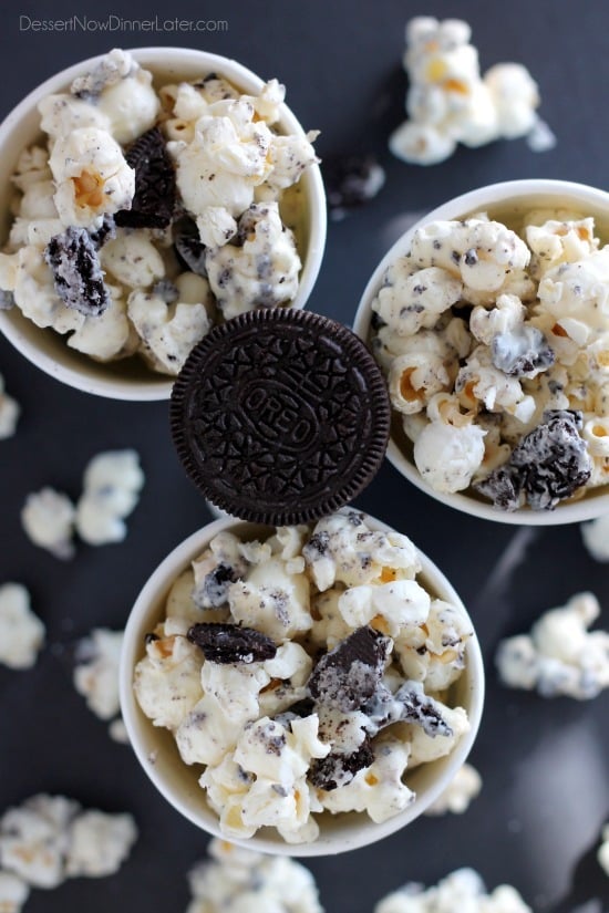 Cookies and Cream Popcorn - white chocolate and Oreos come together to flavor this air popped corn! From DessertNowDinnerLater.com