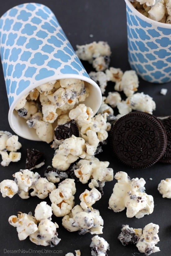 Cookies and Cream Popcorn - white chocolate and Oreos come together to flavor this air popped corn! From DessertNowDinnerLater.com