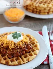 Cornbread Waffles with Chili gets dinner on the table in 15 minutes! From DessertNowDinnerLater.com