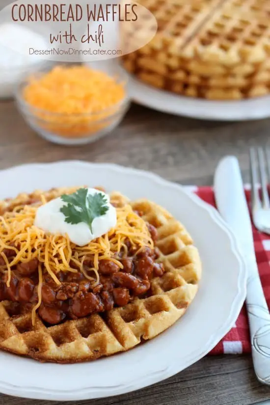 Cornbread Waffles with Chili gets dinner on the table in 15 minutes! From DessertNowDinnerLater.com