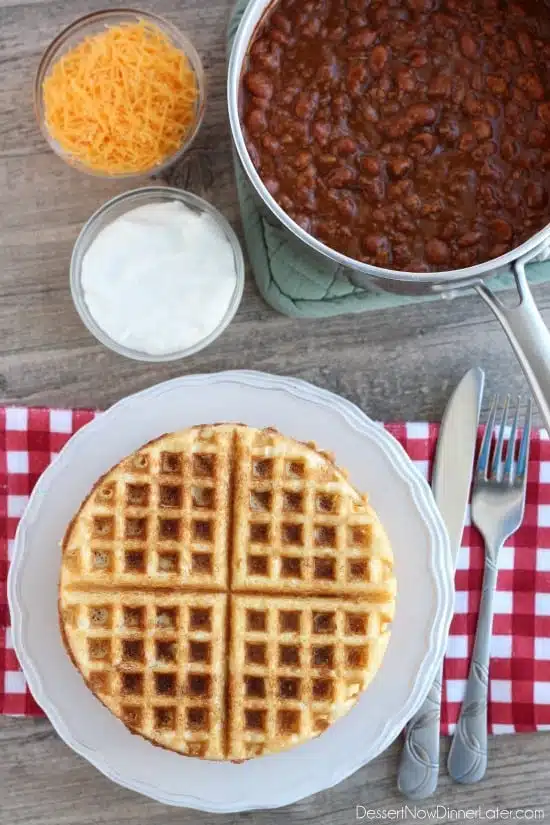 Cornbread Waffles with Chili gets dinner on the table in 15 minutes! From DessertNowDinnerLater.com