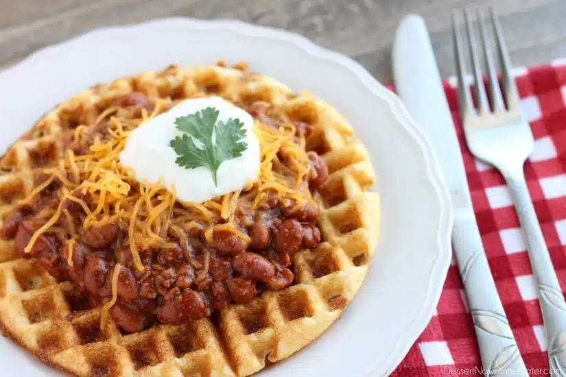 Cornbread Waffles with Chili gets dinner on the table in 15 minutes! From DessertNowDinnerLater.com