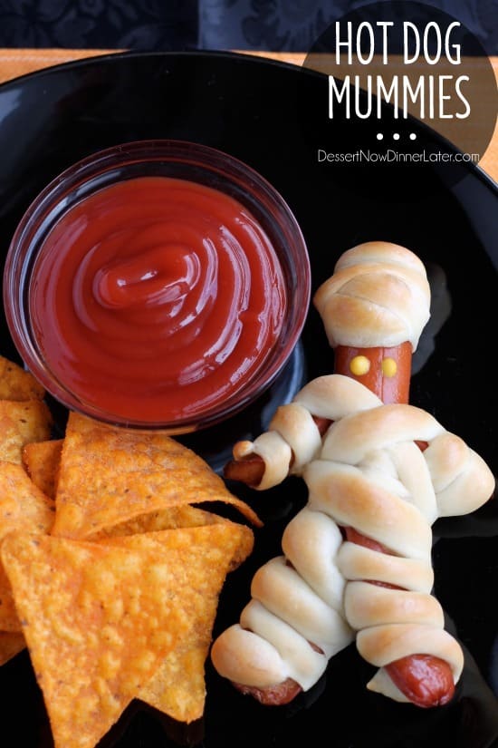 Hot Dog Mummies are a fun Halloween food your kids can help make! (Step-by-step photo tutorial available.)