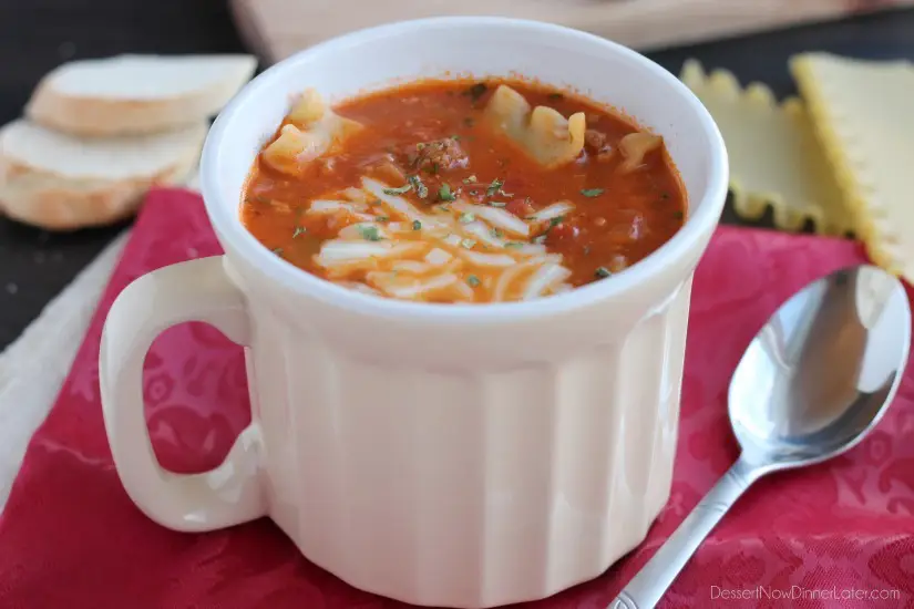 Lasagna Soup - tastes just like a meat lasagna in a comforting soup! From DessertNowDinnerLater.com