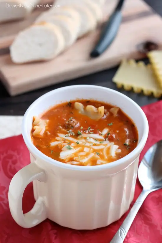 Lasagna Soup - tastes just like a meat lasagna in a comforting soup! From DessertNowDinnerLater.com