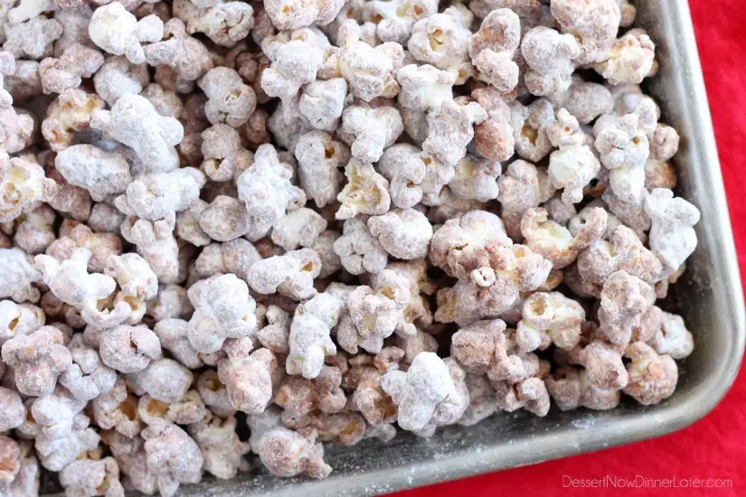 Muddy Buddy Popcorn - air popped corn, coated in chocolate, peanut butter, and powdered sugar. From DessertNowDinnerLater.com