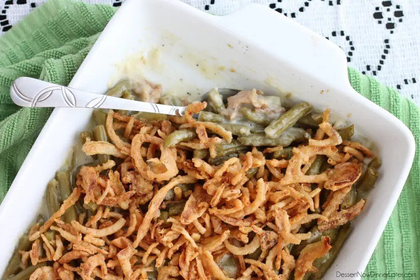 This Green Bean Casserole is made with a quick and easy homemade sauce - no cream soup needed! From DessertNowDinnerLater.com