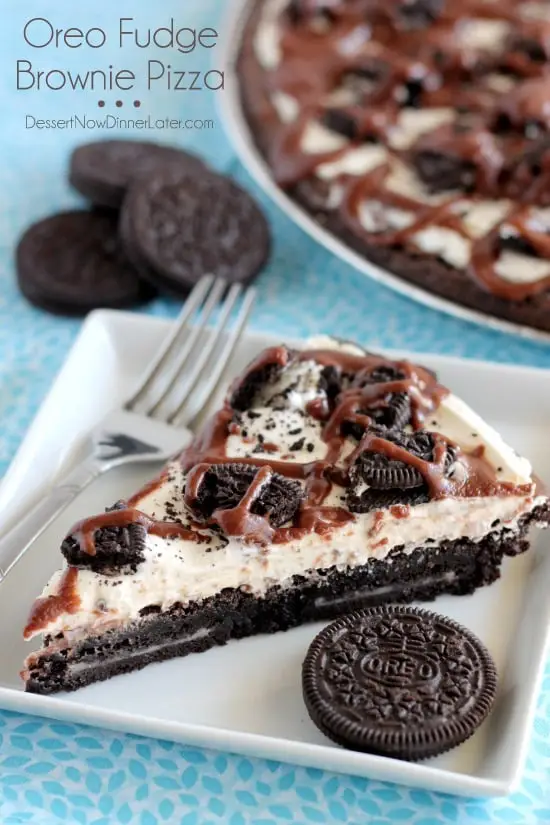  Oreo Fudge Brownie Pizza – These brownies are for the Oreo lovers! There are plenty of Oreo’s inside and out of this dessert pizza, topped with a marshmallow fluff frosting and drizzled in fudge sauce. From DessertNowDinnerLater.com
