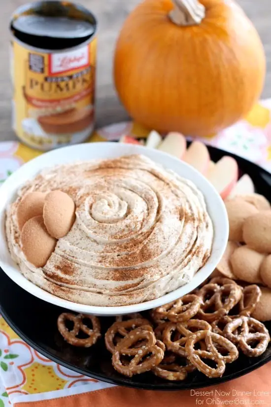 Pumpkin Cheesecake Dip is super simple to make and is great with apples, vanilla wafers, pretzels and more! From DessertNowDinnerLater.com