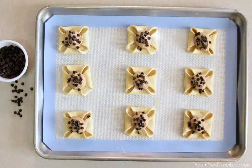 Pumpkin Chocolate Chip Pastries - step 3 - add spiced pumpkin filling and mini chocolate chips (DessertNowDinnerLater.com)