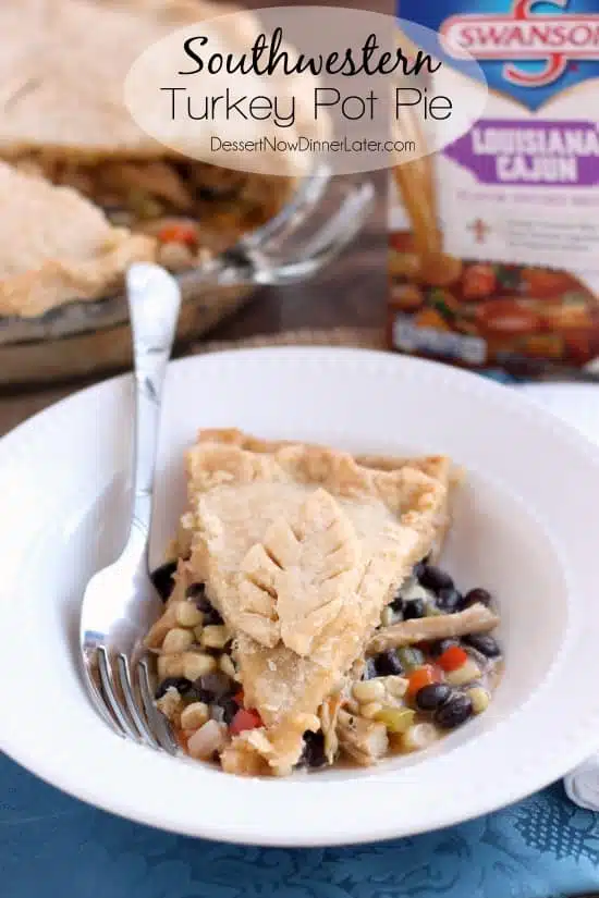 Use that leftover Thanksgiving turkey in this Southwestern Turkey Pot Pie with corn, black beans, peppers, and a gravy with a kick! From DessertNowDinnerLater.com