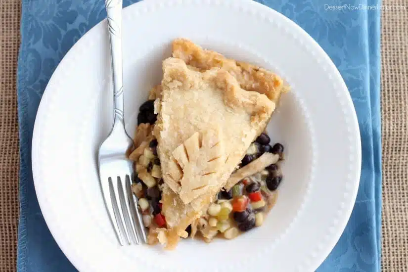 Use that leftover Thanksgiving turkey in this Southwestern Turkey Pot Pie with corn, black beans, peppers, and a gravy with a kick! From DessertNowDinnerLater.com