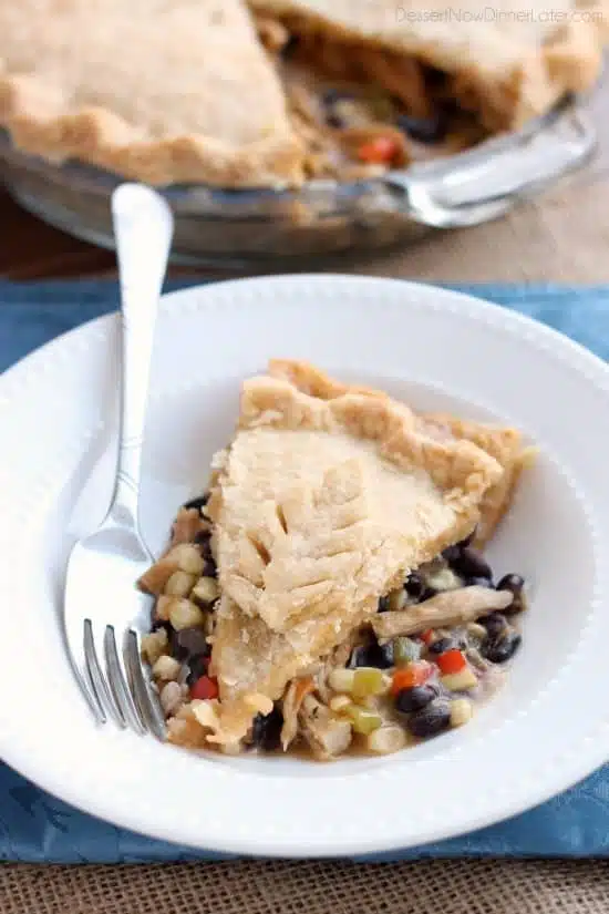 Use that leftover Thanksgiving turkey in this Southwestern Turkey Pot Pie with corn, black beans, peppers, and a gravy with a kick! From DessertNowDinnerLater.com