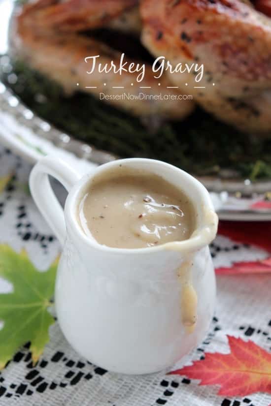 This simple turkey gravy is made from your Thanksgiving turkey's juices, thickened and seasoned to perfection! From DessertNowDinnerLater.com