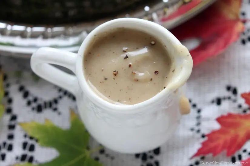 This simple turkey gravy is made from your Thanksgiving turkey's juices, thickened and seasoned to perfection! From DessertNowDinnerLater.com