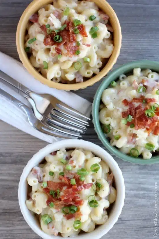 This White Cheddar Bacon Mac and Cheese will become your favorite comfort food with tender elbow macaroni, creamy white cheddar sauce, and bits of bacon throughout! From DessertNowDinnerLater.com