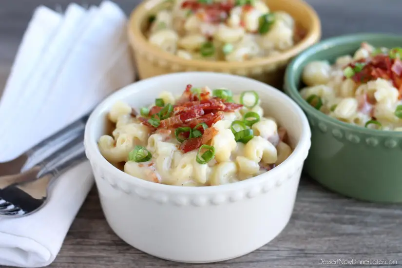 This White Cheddar Bacon Mac and Cheese will become your favorite comfort food with tender elbow macaroni, creamy white cheddar sauce, and bits of bacon throughout! From DessertNowDinnerLater.com