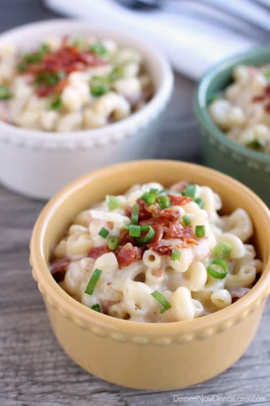 This White Cheddar Bacon Mac and Cheese will become your favorite comfort food with tender elbow macaroni, creamy white cheddar sauce, and bits of bacon throughout! From DessertNowDinnerLater.com