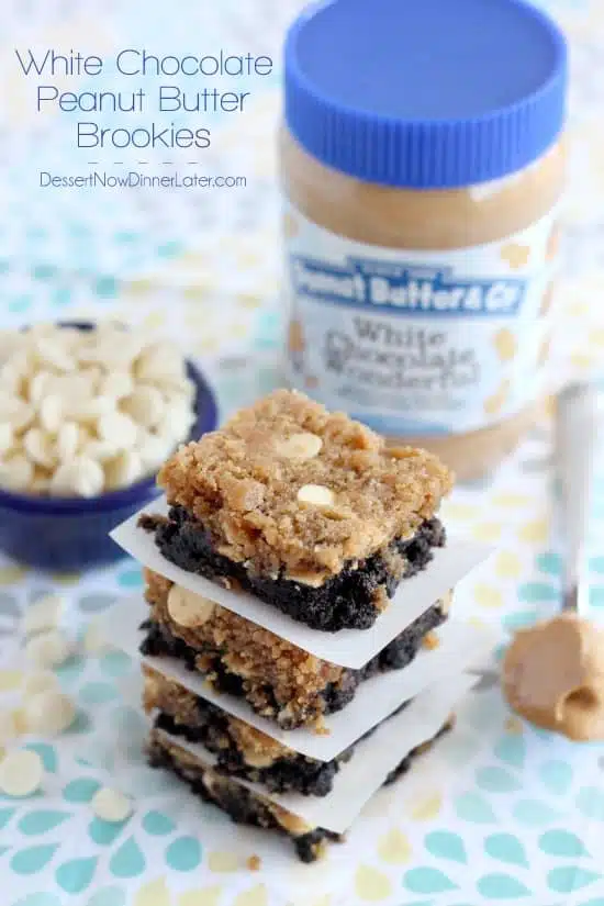 White Chocolate Peanut Butter Brookies - a layer of brownies topped with a layer of peanut butter white chocolate chip cookies. Combined they are delicious brookies! From DessertNowDinnerLater.com