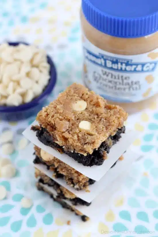 White Chocolate Peanut Butter Brookies - a layer of brownies topped with a layer of peanut butter white chocolate chip cookies. Combined they are delicious brookies! From DessertNowDinnerLater.com