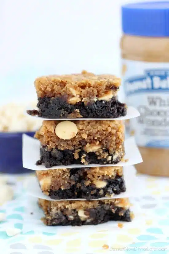 White Chocolate Peanut Butter Brookies - a layer of brownies topped with a layer of peanut butter white chocolate chip cookies. Combined they are delicious brookies! From DessertNowDinnerLater.com