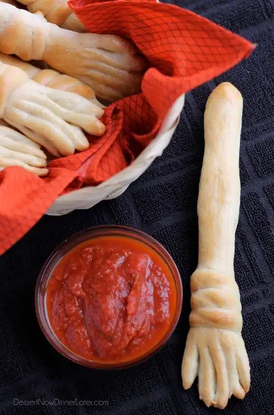 Witch's Broomstick Breadsticks made with frozen roll dough. Great served with marinara or soup! From DessertNowDinnerLater.com #halloween