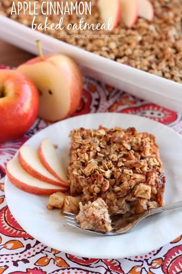 Apple Cinnamon Baked Oatmeal - old fashioned oats, agave, and apples are just a few of the delicious ingredients used in this lighter baked oatmeal. From DessertNowDinnerLater.com