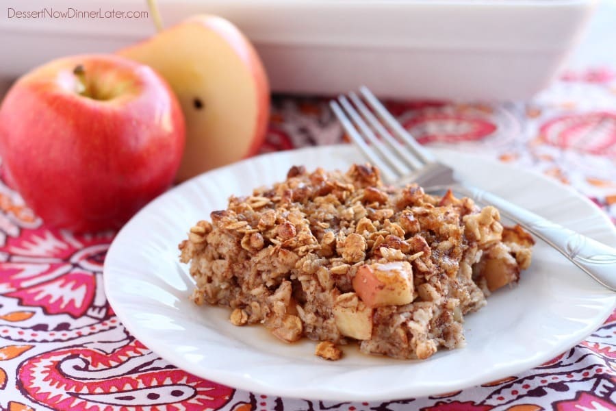 Apple Cinnamon Baked Oatmeal - old fashioned oats, agave, and apples are just a few of the delicious ingredients used in this lighter baked oatmeal. From DessertNowDinnerLater.com