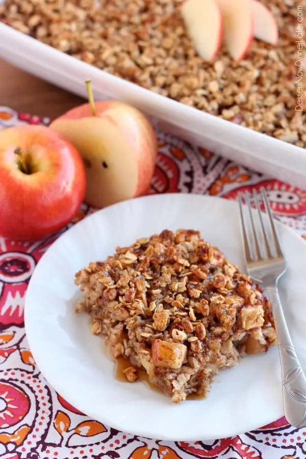 Apple Cinnamon Baked Oatmeal - old fashioned oats, agave, and apples are just a few of the delicious ingredients used in this lighter baked oatmeal. From DessertNowDinnerLater.com