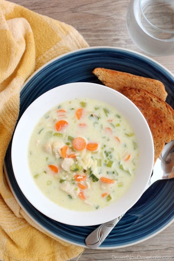 This Chicken Orzo Soup is full of carrots, green onions, celery, and tender chunks of chicken, in a creamy broth with orzo pasta throughout. From DessertNowDinnerLater.com