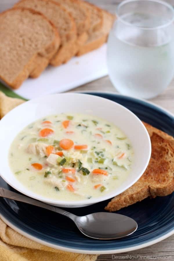 This Chicken Orzo Soup is full of carrots, green onions, celery, and tender chunks of chicken, in a creamy broth with orzo pasta throughout. From DessertNowDinnerLater.com